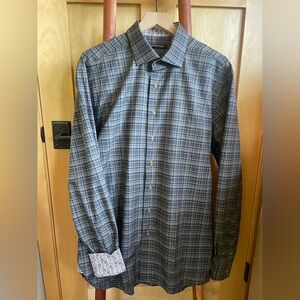 Hammer Made Men's Gray Black and Blue Plaid Shirt with Scissor Print Detailing